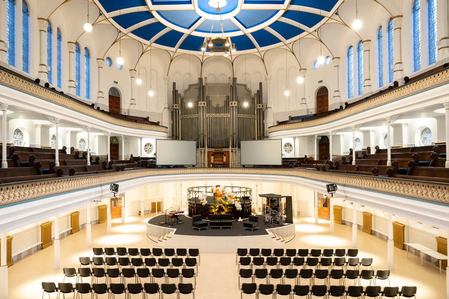 Main Hall and balconies with seating inside Westminster Chapel, London