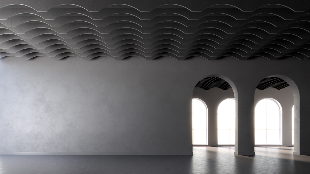 Array ceiling acoustic baffle system designed by Woven Image as part of its Serene Contours collection