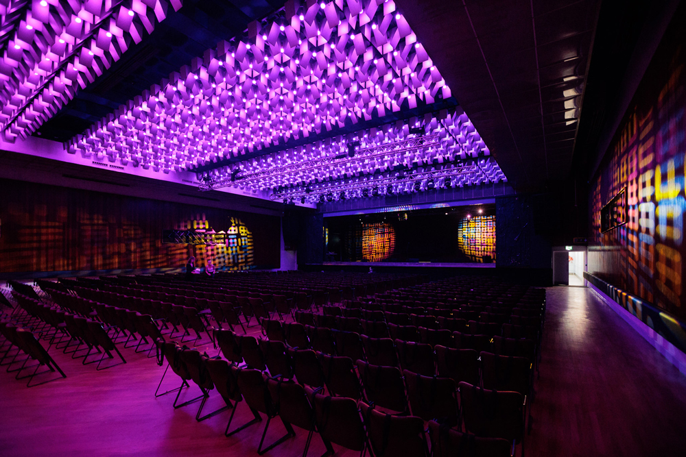 Creative lighting ceiling installation at New Century Hall music venue by Sheila Bird Studio